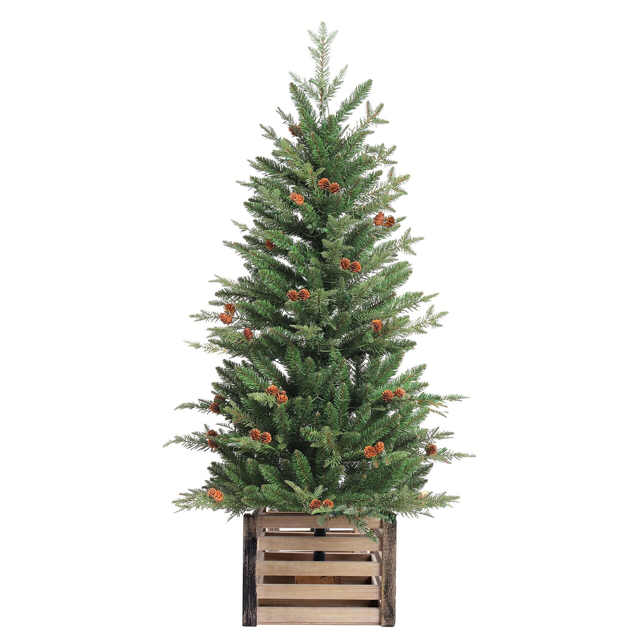 Haute Decor 4 Foot Pre-lit Asheville Artificial Fir Christmas Potted Tree with 100 Soft White Lights - Artificial Christmas Tree in Wooden Crate